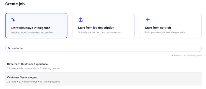 Create job screen featuring: Start with Klayo Intelligence, Start from job description and Start from scratch