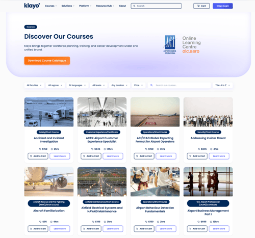A screenshot of the Klayo website on the courses catalogue page.