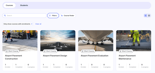 A screenshot of the Klayo platform displaying courses with enrolments