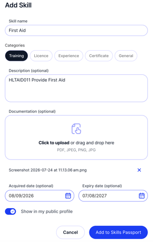 Add Skill form completed for a First Aid training entry, with documentation attached and public profile visibility turned on.